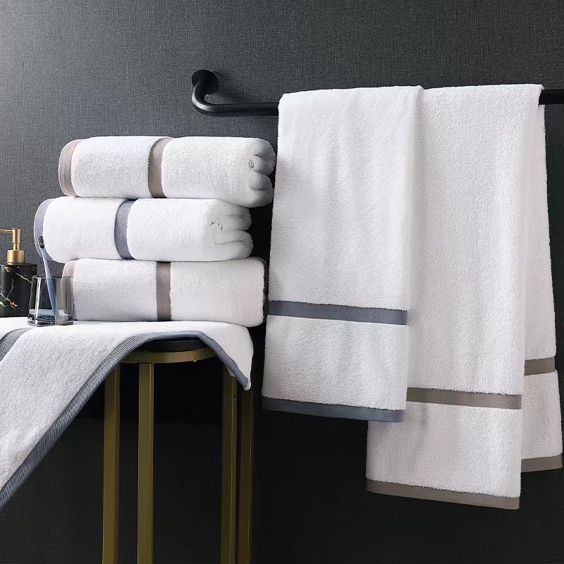 Bath Towel Set-White with Narrow Sateen